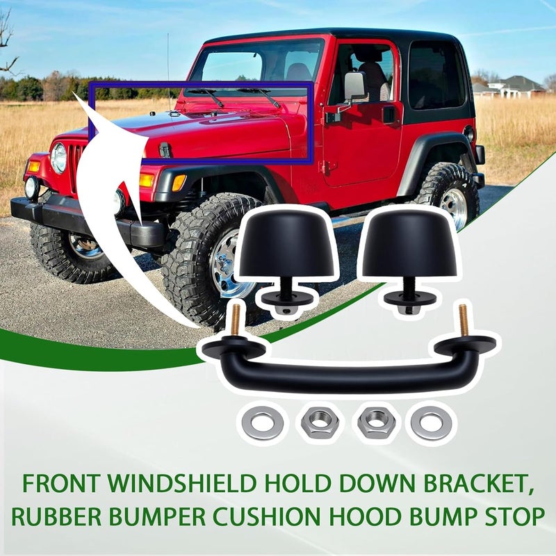 wfsulee Front Windshield Hold Down Bracket, Rubber Bumper Cushion Hood Bump Stop Compatible With Jeep Wrangler JK 1997-2018 TJ 1997-2006 Replace for KJ71051BK 55176422 - Image 2
