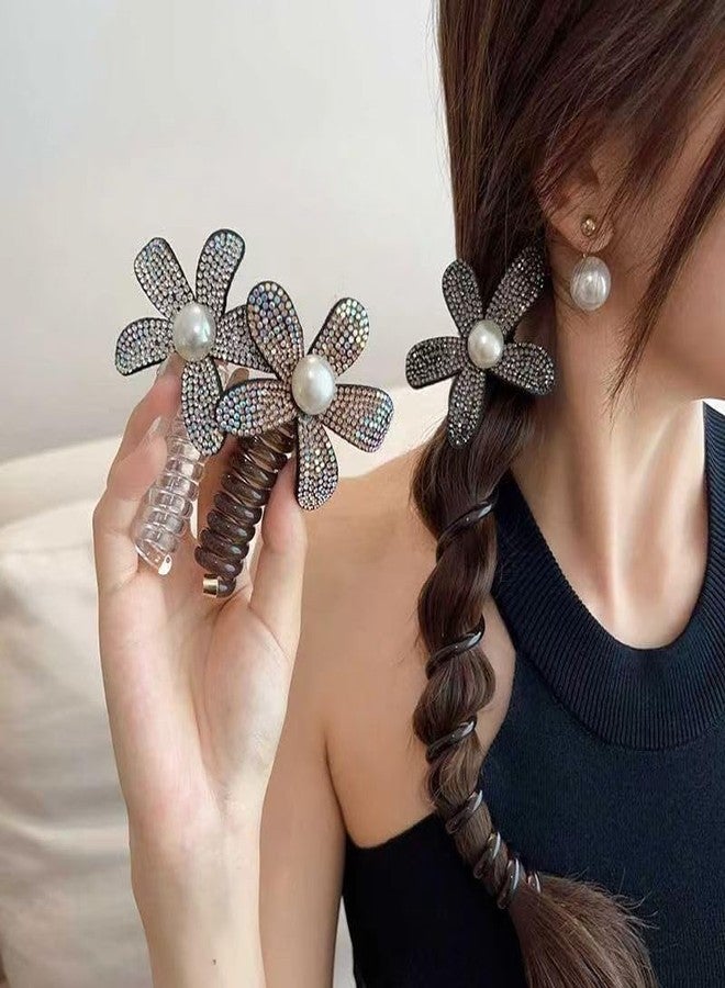 El Regalo 3-Piece Elegant Bohemian Coil Ponytail Hair Tie Set - Polyresin Flower Rhinestone Pearl Spiral Scrunchies, Elegant Pearl Flower Spiral Hair Ties for Girls & Women - Image 2