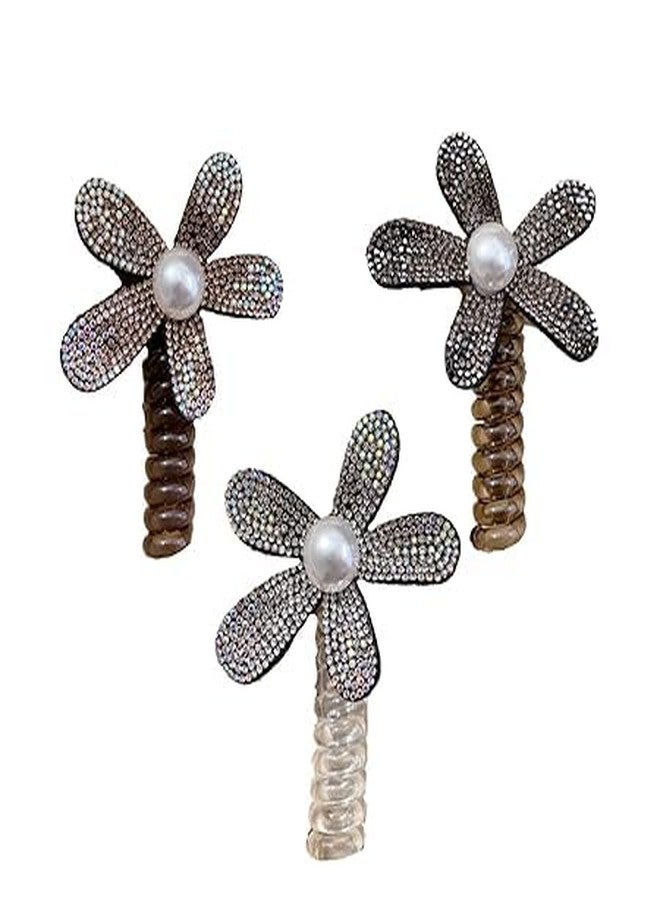 El Regalo 3-Piece Elegant Bohemian Coil Ponytail Hair Tie Set - Polyresin Flower Rhinestone Pearl Spiral Scrunchies, Elegant Pearl Flower Spiral Hair Ties for Girls & Women - Image 1