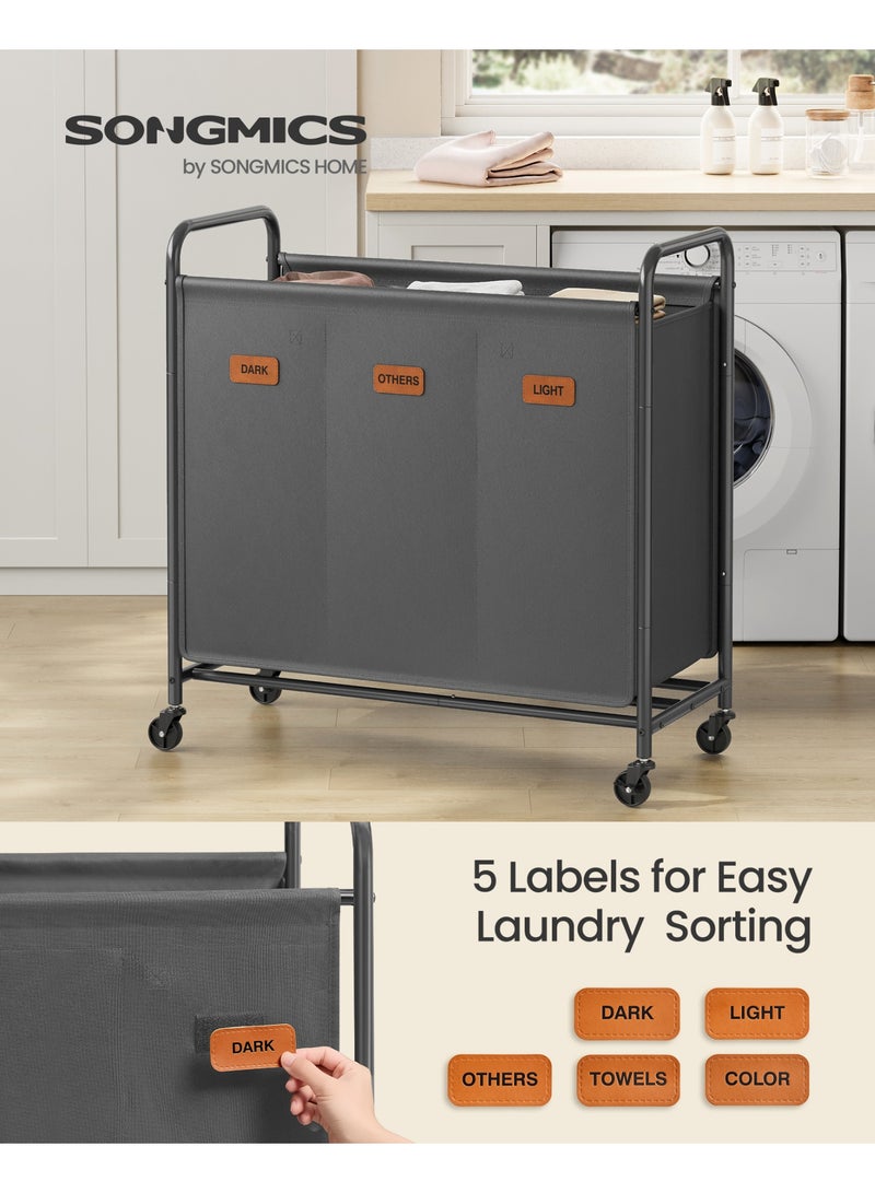 SONGMICS HOME 3-Section Laundry Sorter, Laundry Hamper with Wheels, Rolling Clothes Hamper Cart with Large Capacity and Removable Bags, for Laundry Room, Bedroom, Bathroom, Slate Gray - Image 2