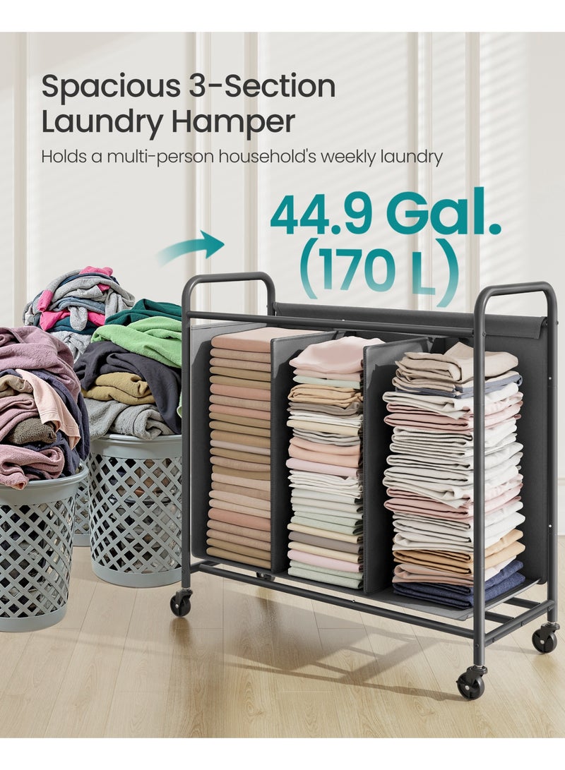 SONGMICS HOME 3-Section Laundry Sorter, Laundry Hamper with Wheels, Rolling Clothes Hamper Cart with Large Capacity and Removable Bags, for Laundry Room, Bedroom, Bathroom, Slate Gray - Image 3