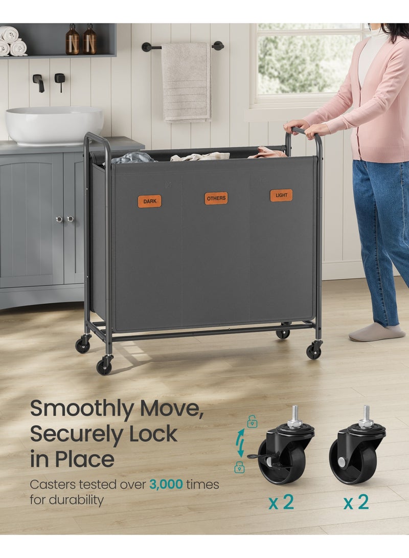 SONGMICS HOME 3-Section Laundry Sorter, Laundry Hamper with Wheels, Rolling Clothes Hamper Cart with Large Capacity and Removable Bags, for Laundry Room, Bedroom, Bathroom, Slate Gray - Image 4