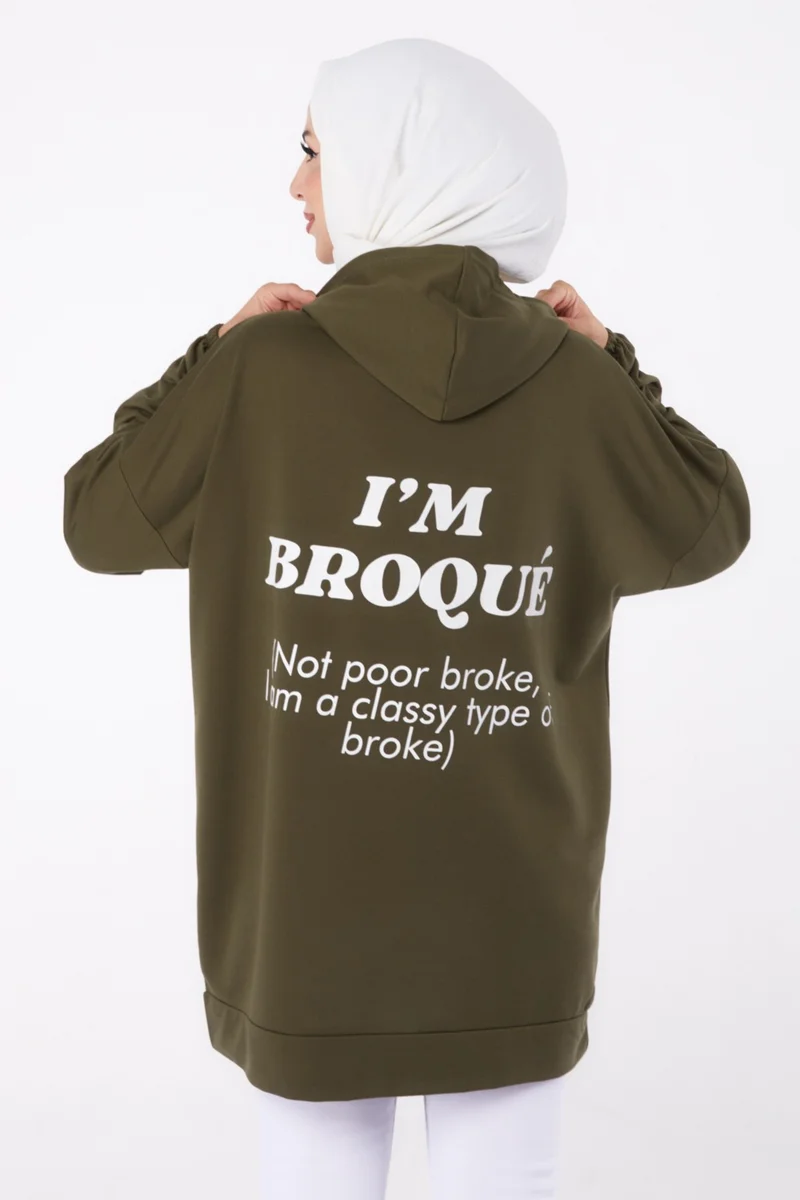 Tofisa Plain Hooded Collar Women's Khaki Back Printed Sweatshirt - 13327