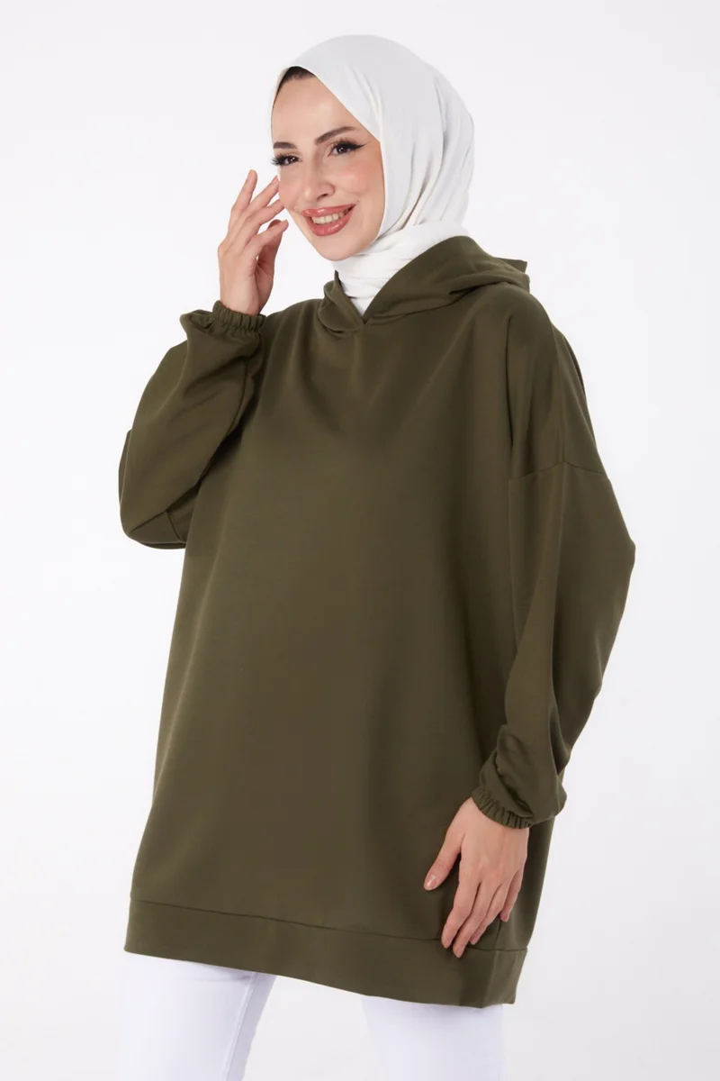 Tofisa Plain Hooded Collar Women's Khaki Back Printed Sweatshirt - 13327