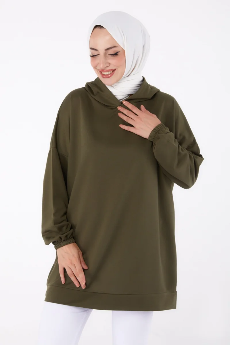 Tofisa Plain Hooded Collar Women's Khaki Back Printed Sweatshirt - 13327