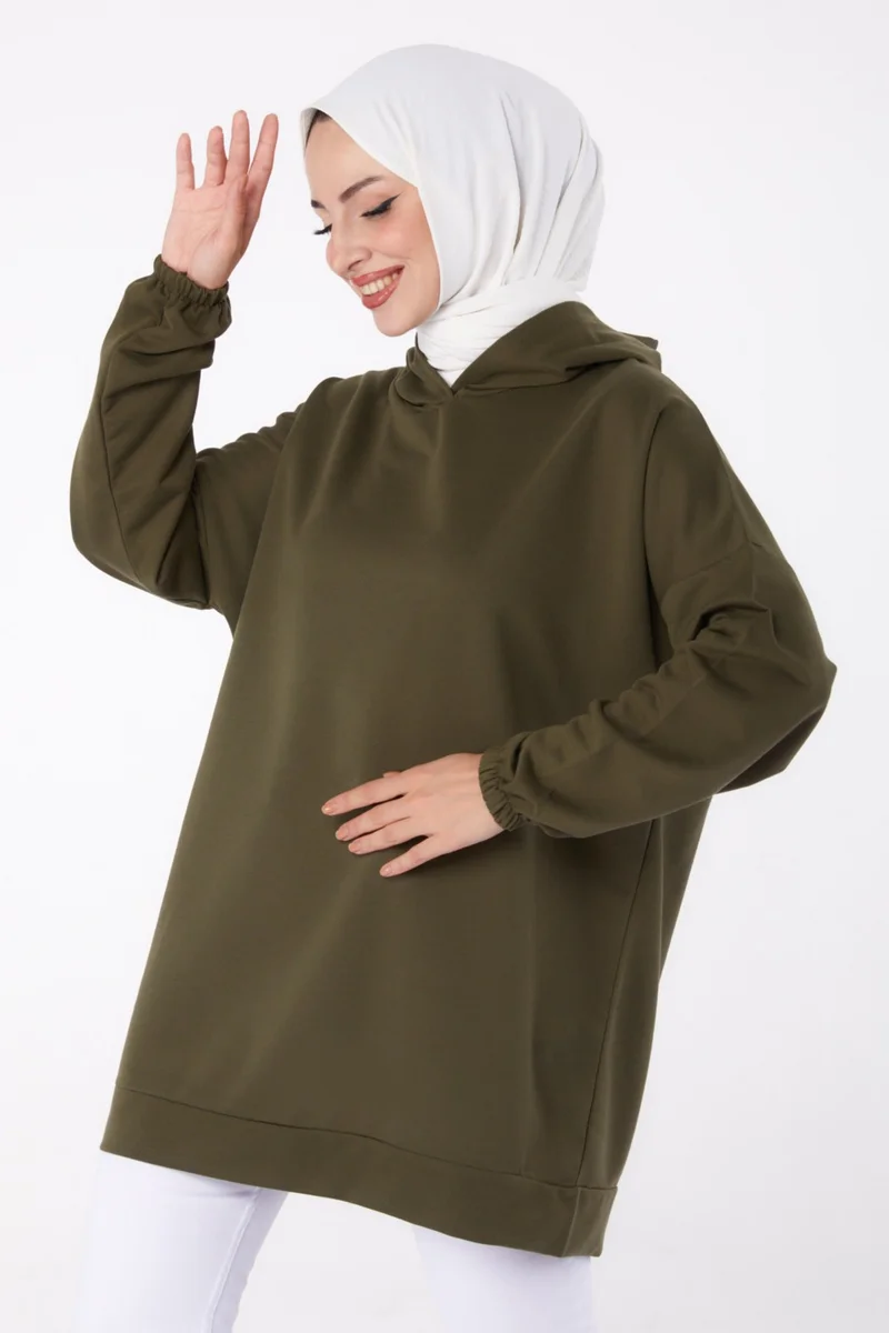 Tofisa Plain Hooded Collar Women's Khaki Back Printed Sweatshirt - 13327