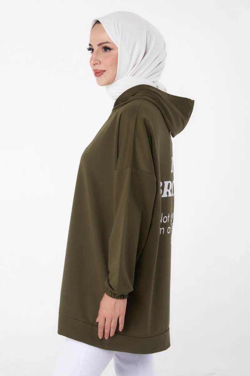 Tofisa Plain Hooded Collar Women's Khaki Back Printed Sweatshirt - 13327