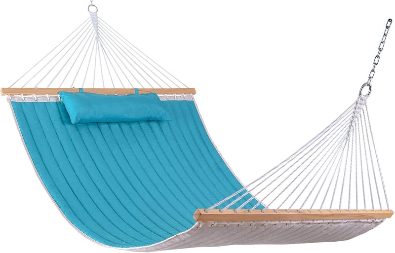 Lazy Daze Hammocks 12FT Quilted Fabric Double Hammock with Pillow 2 Person Hammock with Spreader Bar for Outdoor Outside Patio Garden Yard Pool Beach Blue