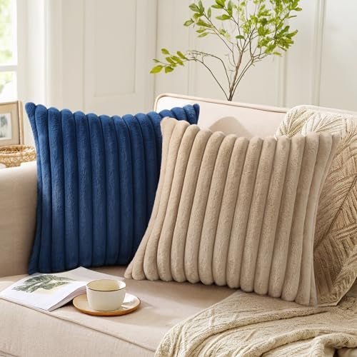 Pallene Faux Fur Plush Throw Pillow Covers 26x26 Set of 2, Luxury Soft Fluffy Striped Decorative Pillow Covers for Sofa, Couch, Living Room, Khaki - Image 5