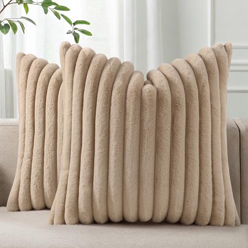 Pallene Faux Fur Plush Throw Pillow Covers 26x26 Set of 2, Luxury Soft Fluffy Striped Decorative Pillow Covers for Sofa, Couch, Living Room, Khaki - Image 1