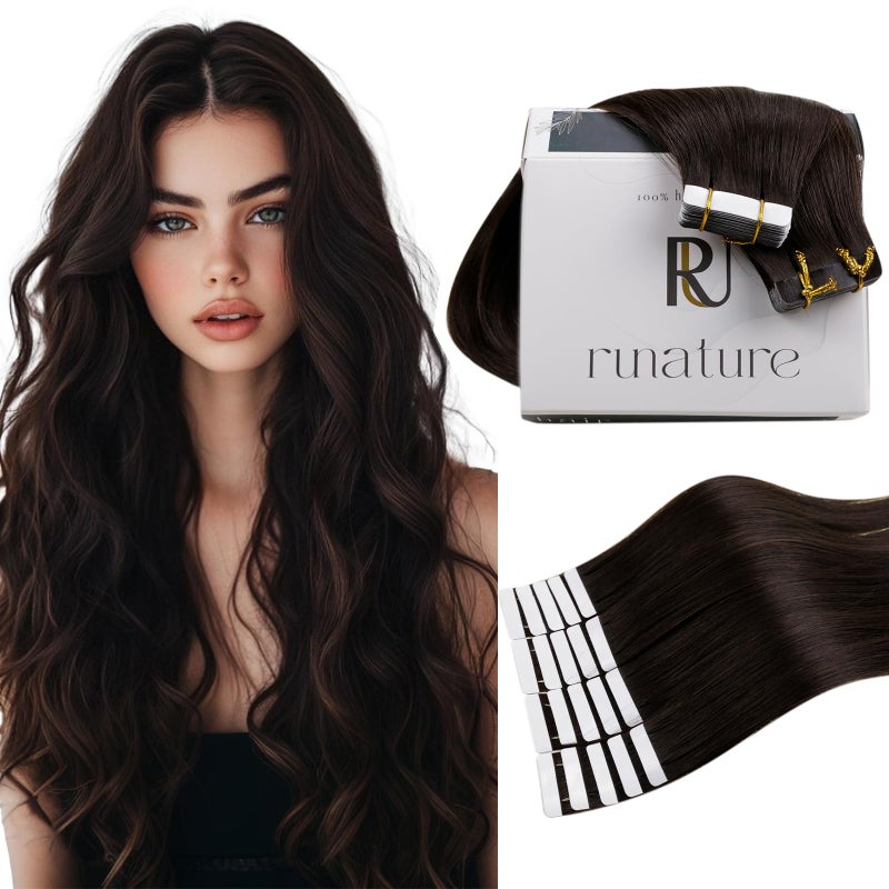 RUNATURE Tape ins Human Hair Extensions Brown 18 Inch Long Tape in Extensions Real Human Hair Brazilian Straight PU Tape in Hair Extensions Human Hair Glue in Extension Soft Hair 50g 20 Pieces