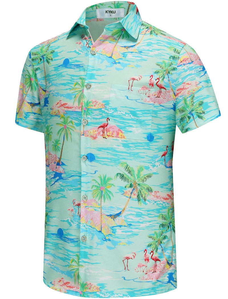 KYKU Men's Short Sleeve Tropical Shirts Hawaiian Button Down Shirt, Green, XL - Image 2