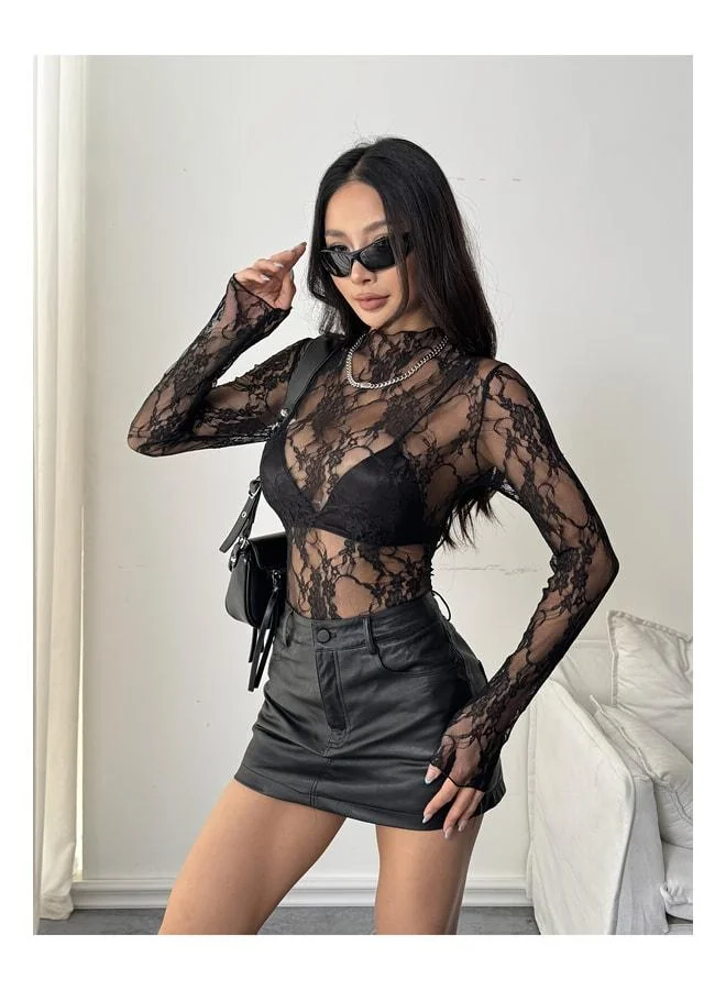 VEILLE Black Transparent Lace Bodysuit Women's Long Sleeve Sexy Elegant Blouse - Club Party Night Outfit Women's Top.