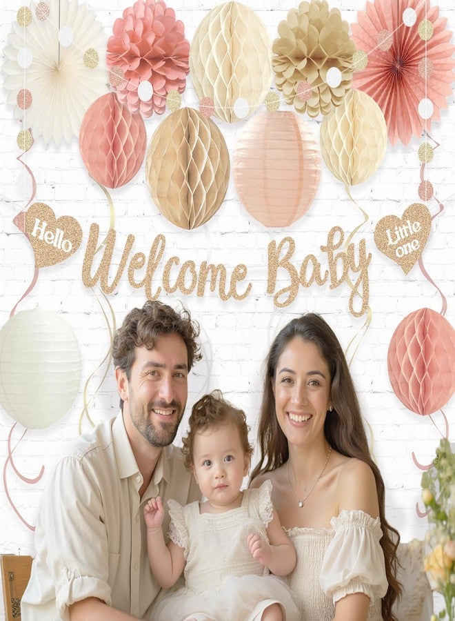 Aonor Boho Baby Shower Decorations for Girl, Pre-Strung Welcome Baby Banner with Honeycomb Balls, Paper Flowers, Lanterns, Fans, Hanging Swirls, Circle Dots Garland for Girl Baby Shower Decorations 24pcs - Image 5