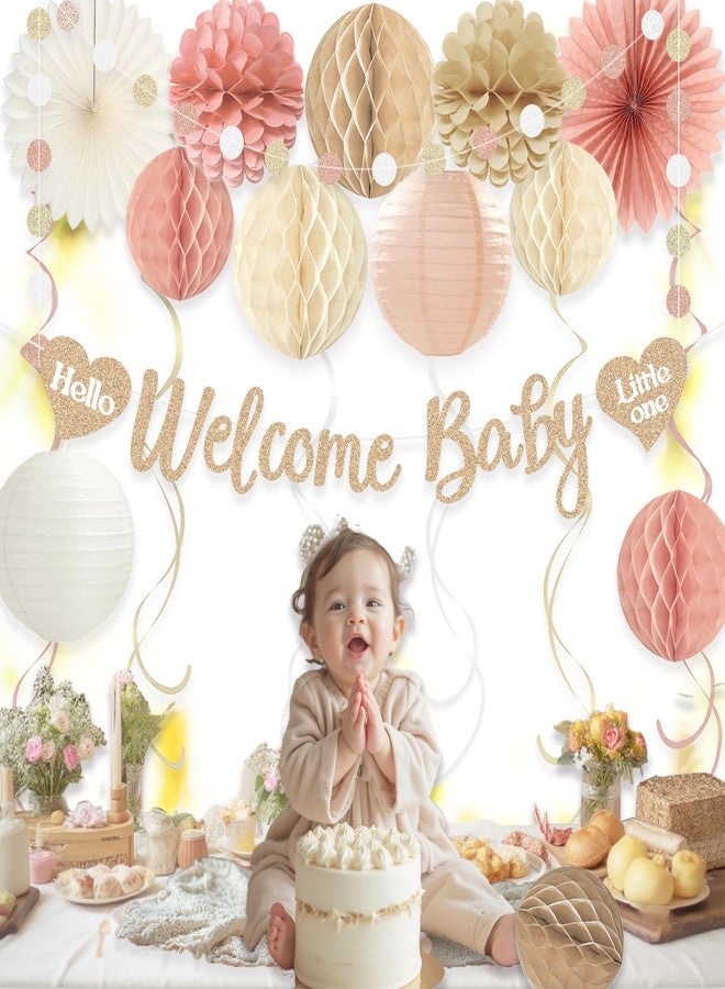 Aonor Boho Baby Shower Decorations for Girl, Pre-Strung Welcome Baby Banner with Honeycomb Balls, Paper Flowers, Lanterns, Fans, Hanging Swirls, Circle Dots Garland for Girl Baby Shower Decorations 24pcs - Image 2