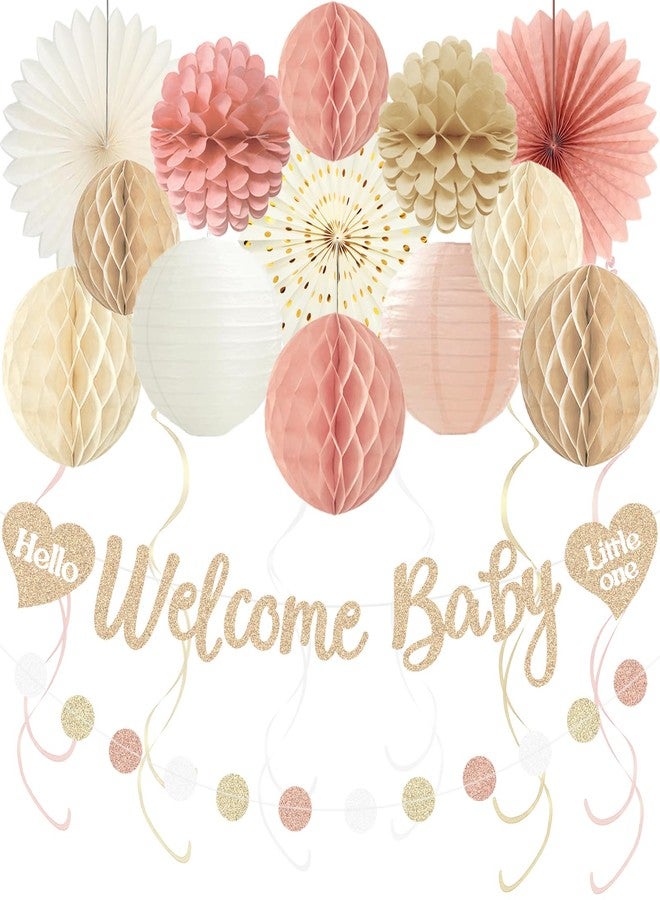 Aonor Boho Baby Shower Decorations for Girl, Pre-Strung Welcome Baby Banner with Honeycomb Balls, Paper Flowers, Lanterns, Fans, Hanging Swirls, Circle Dots Garland for Girl Baby Shower Decorations 24pcs - Image 1