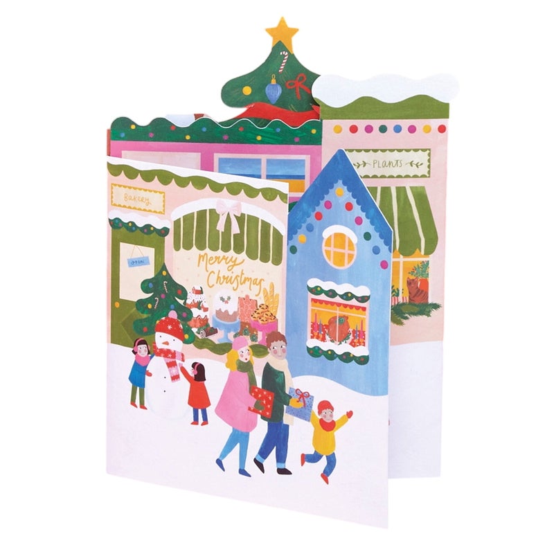Raspberry Blossom Merry Christmas Town 3D Die-Cut Greeting Card (13.3 x 18.4 cm)