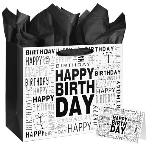 Laidans 13 Large Black and White Happy Birthday Gift Bag with Tissue Paper and Card for Men Women Birthday Large - Image 1