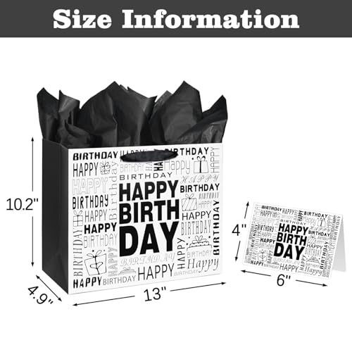 Laidans 13 Large Black and White Happy Birthday Gift Bag with Tissue Paper and Card for Men Women Birthday Large - Image 3