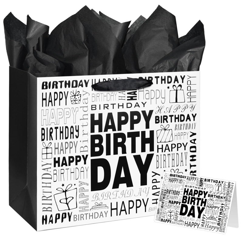 Laidans 13 Large Black and White Happy Birthday Gift Bag with Tissue Paper and Card for Men Women Birthday Large - Image 2