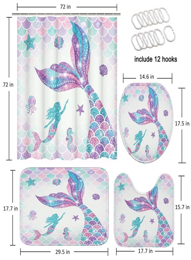 ArtSocket Pink Mermaid Tail Scales Bathroom Set with Shower Curtain and Rugs Accessories Sea Turtle Seahorse Octopus Conch Shower Curtain Set Cute Summer Bathroom Decor 4 Pcs - Image 2