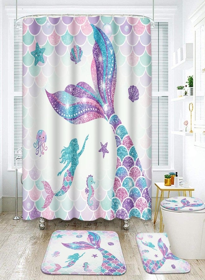 ArtSocket Pink Mermaid Tail Scales Bathroom Set with Shower Curtain and Rugs Accessories Sea Turtle Seahorse Octopus Conch Shower Curtain Set Cute Summer Bathroom Decor 4 Pcs - Image 1