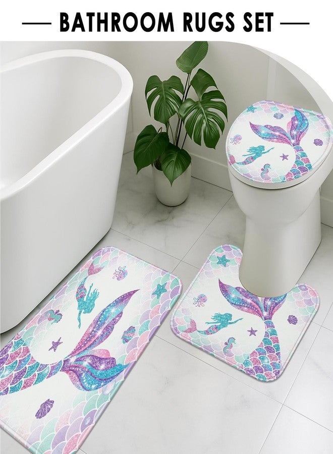 ArtSocket Pink Mermaid Tail Scales Bathroom Set with Shower Curtain and Rugs Accessories Sea Turtle Seahorse Octopus Conch Shower Curtain Set Cute Summer Bathroom Decor 4 Pcs - Image 5