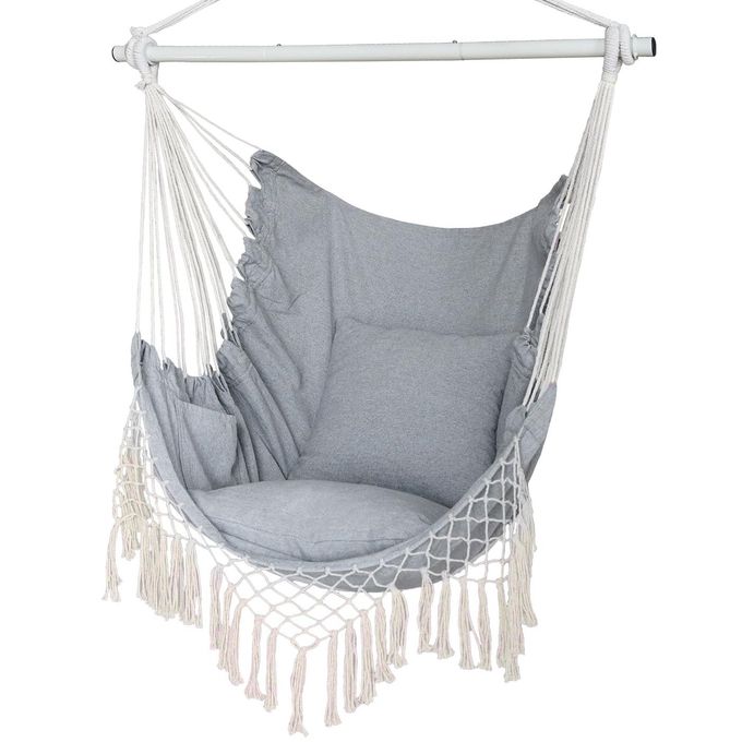 Hammock Chair Hanging Rope Swing Seat with 2 CushionsMacrame Hanging Chair Side Pocket with High LoadBearing Metal Rodfor Indoor Outdoor Extra Comfortable