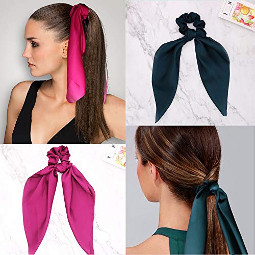 DINPREY Silk Satin Hair Scrunchies, Hair Scarf with Bow Silk Elastic Hair Bands, Stripe Printed Hair Bobbles for Ponytail Holder (6 Pcs Solid Colors) - Image 4