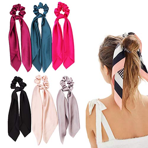 DINPREY Silk Satin Hair Scrunchies, Hair Scarf with Bow Silk Elastic Hair Bands, Stripe Printed Hair Bobbles for Ponytail Holder (6 Pcs Solid Colors) - Image 1
