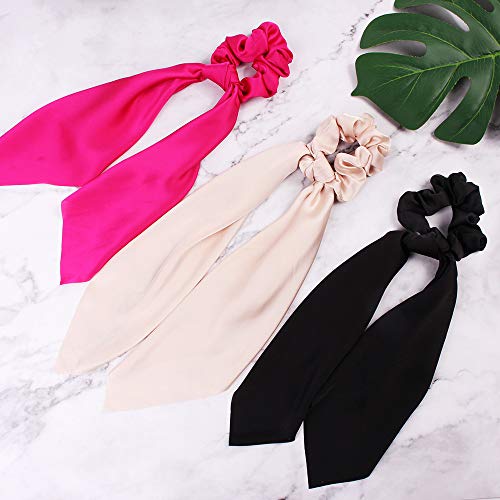DINPREY Silk Satin Hair Scrunchies, Hair Scarf with Bow Silk Elastic Hair Bands, Stripe Printed Hair Bobbles for Ponytail Holder (6 Pcs Solid Colors) - Image 2
