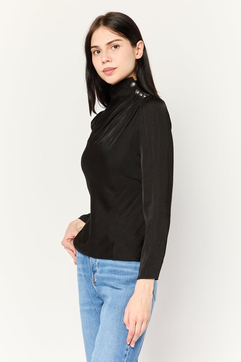 Tahari بلوزات ساتان بسيطة بأكمام طويلة وياقة مزيفة للنساء، سوداء - Image 3