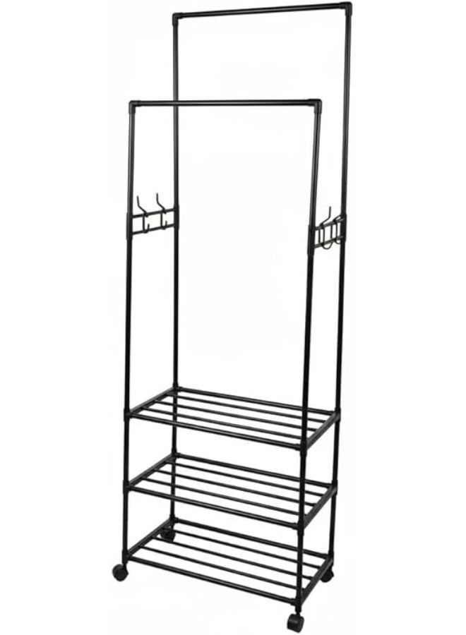 سبيس شوب رف ملابس معدني كبير 4 طبقات بعجلات، أسود - Image 1
