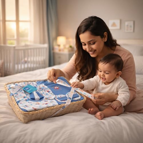 Mee Mee New Born Baby Gift Set | Soft Cotton Clothing Essentials for Infants/Baby Girls, Boys | Baby Shower Clothing Hamper (8 Pieces, Dark Blue)|Perfect Gift for New Born Baby - Image 5
