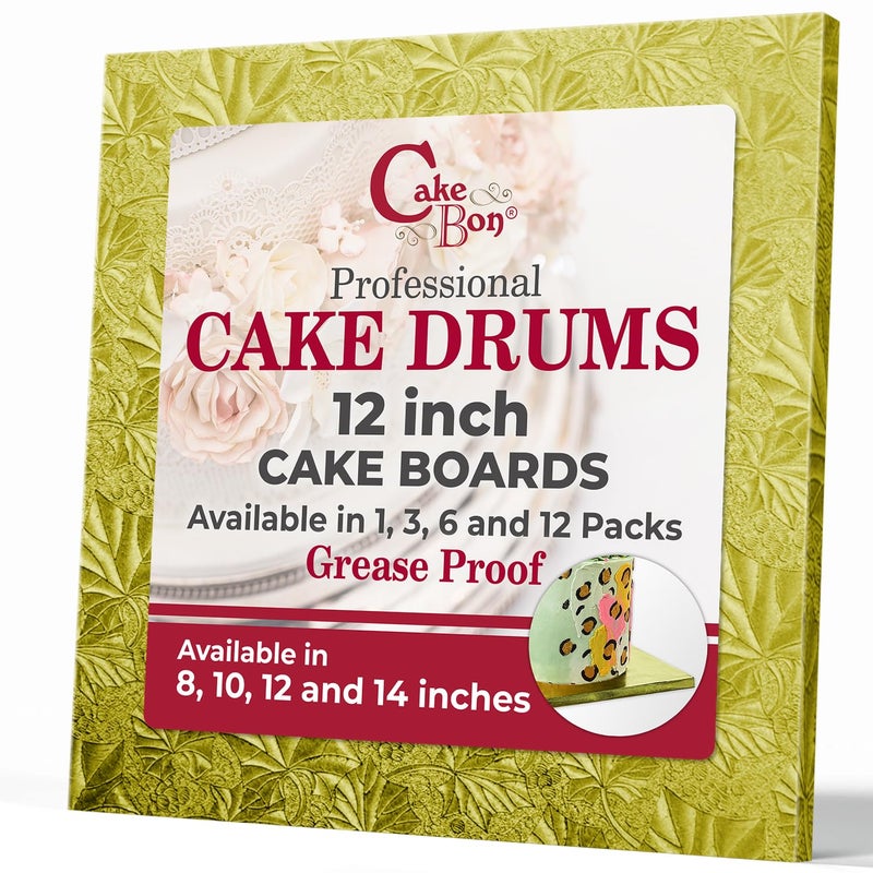 Cakebon Cake Boards Square  Sturdy 12 Inch Thick Drums  12 Inch Professionally Wrapped Edges Gold 1Pack