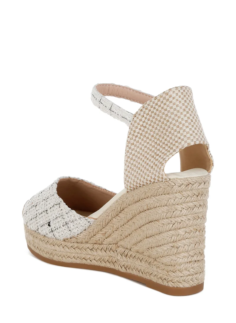 London Rag Tweed Round Toe Woven Wedges in White