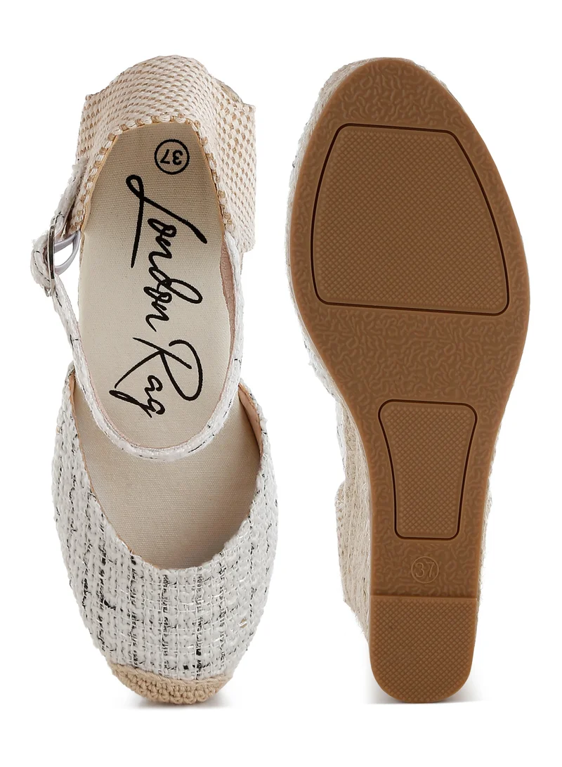 London Rag Tweed Round Toe Woven Wedges in White