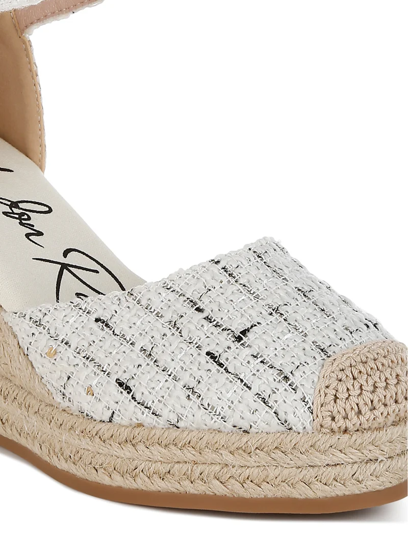 London Rag Tweed Round Toe Woven Wedges in White