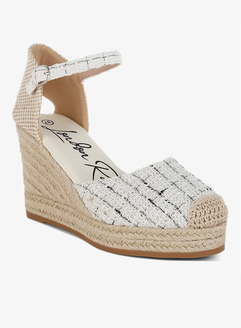 London Rag Tweed Round Toe Woven Wedges in White