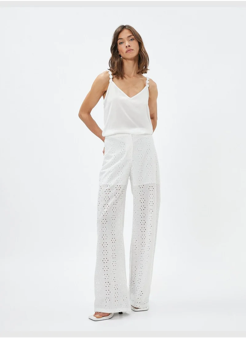 KOTON Trousers Wide Leg Cut Work Detail Half Lined