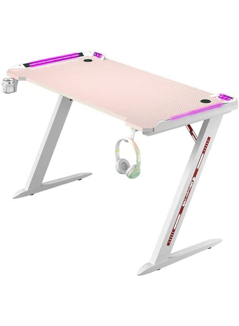LIMOS Ergonomic Gaming Desk with RGB LED Lights Computer Gamer Table with Carbon Fiber Desktop and Cup Holder & Headphone Hook - Image 3