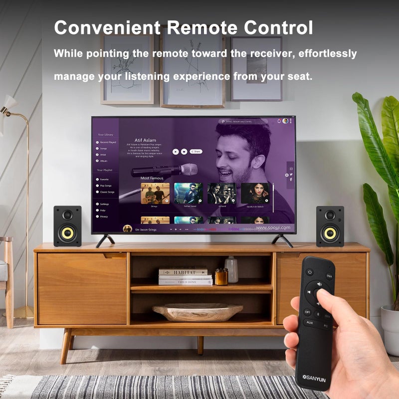 Sanyun سماعات سانيون SW206 4 بوصة HiFi للكتب مع وضع الاستوديو، 80 واط نشط، بلوتوث 5.4/بصري/كوكسيل/TRS/أكس/24 بت DAC USB، لجهاز الفونوغراف، التلفاز، الكمبيوتر المكتبي، هيكل خشبي، تحكم عن بعد، أحمر - Image 4