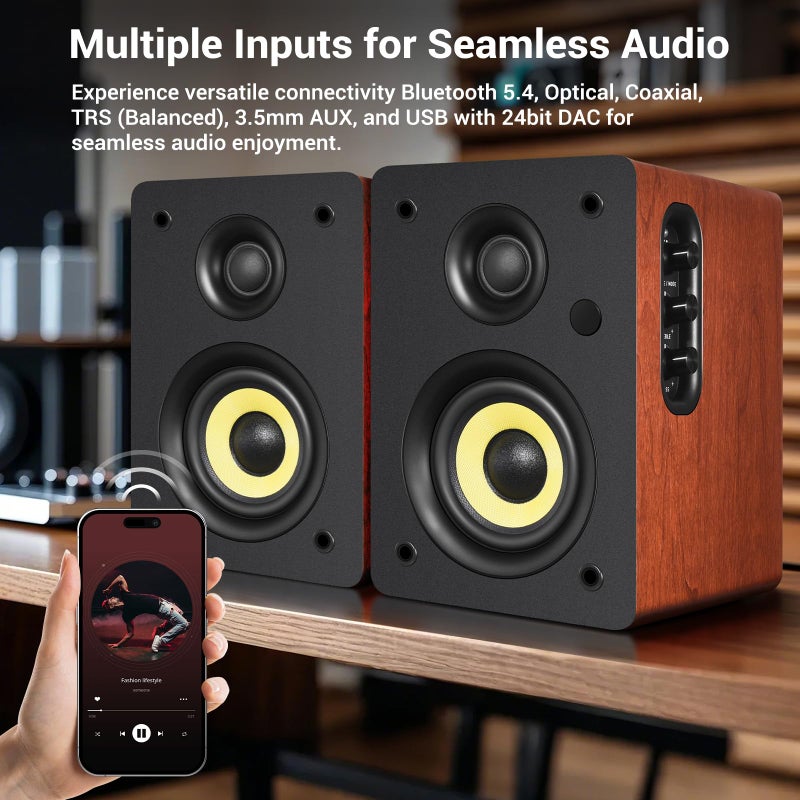 Sanyun سماعات سانيون SW206 4 بوصة HiFi للكتب مع وضع الاستوديو، 80 واط نشط، بلوتوث 5.4/بصري/كوكسيل/TRS/أكس/24 بت DAC USB، لجهاز الفونوغراف، التلفاز، الكمبيوتر المكتبي، هيكل خشبي، تحكم عن بعد، أحمر - Image 3