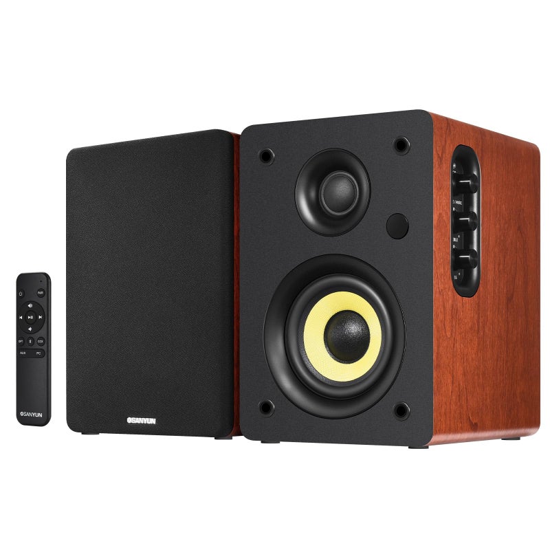 Sanyun سماعات سانيون SW206 4 بوصة HiFi للكتب مع وضع الاستوديو، 80 واط نشط، بلوتوث 5.4/بصري/كوكسيل/TRS/أكس/24 بت DAC USB، لجهاز الفونوغراف، التلفاز، الكمبيوتر المكتبي، هيكل خشبي، تحكم عن بعد، أحمر - Image 1