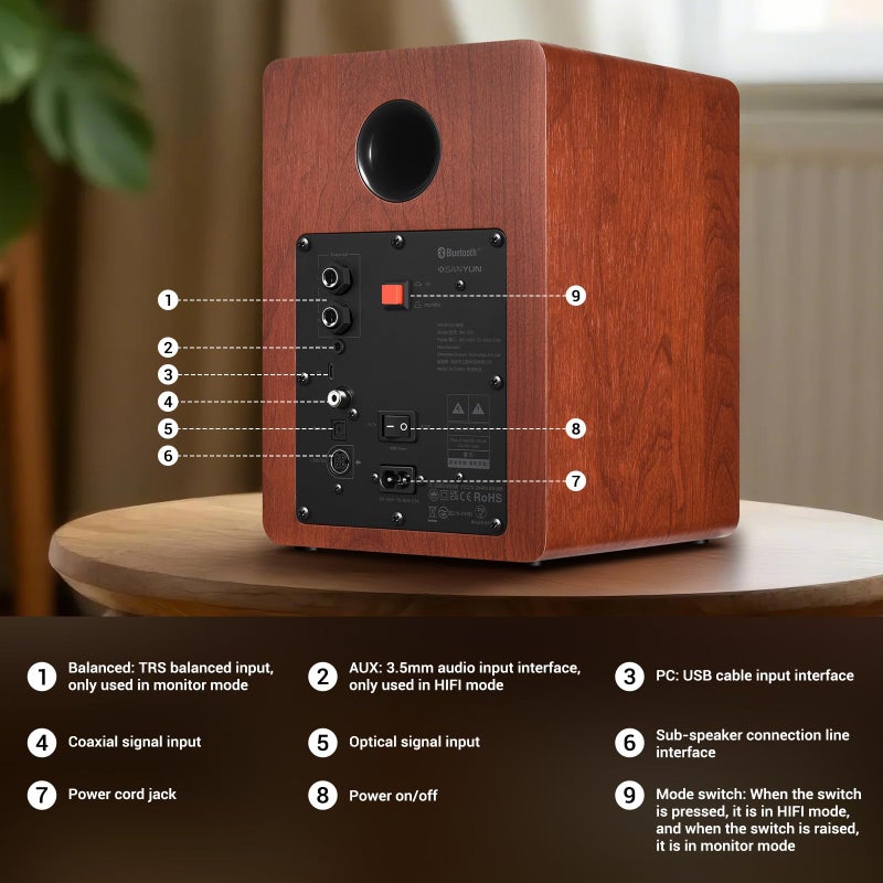 Sanyun سماعات سانيون SW206 4 بوصة HiFi للكتب مع وضع الاستوديو، 80 واط نشط، بلوتوث 5.4/بصري/كوكسيل/TRS/أكس/24 بت DAC USB، لجهاز الفونوغراف، التلفاز، الكمبيوتر المكتبي، هيكل خشبي، تحكم عن بعد، أحمر - Image 5