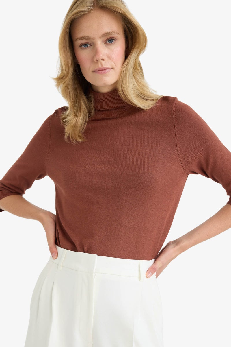 DeFacto Brown Woman Regular Fit Turtleneck Half Sleeve Basic Knit Pullover Casual - Image 3