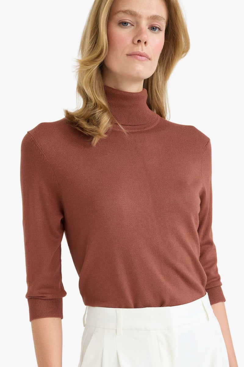 DeFacto Brown Woman Regular Fit Turtleneck Half Sleeve Basic Knit Pullover Casual - Image 1