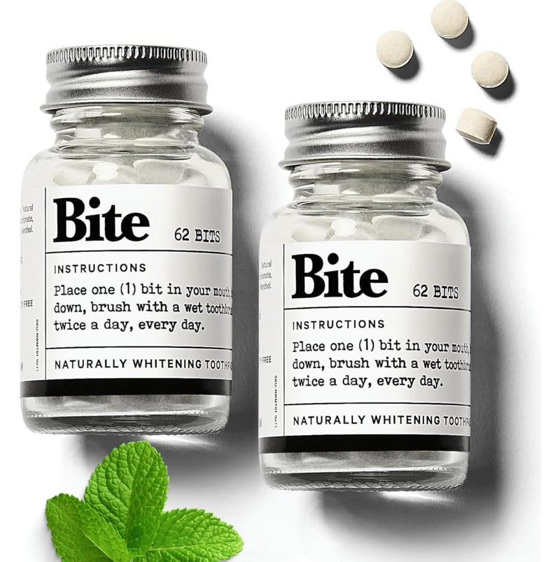 Bite Whitening Toothpaste Tablets â€“ 2 Months â€“ Fluoride Free, Nano Hydroxyapatite + Xylitol, Mint â€“ Vegan, Cruelty-Free, Made in USA, Sensitive Teeth, Travel Size, Adults, Kids, (2 Bottles, 124 Tabs) - Image 1