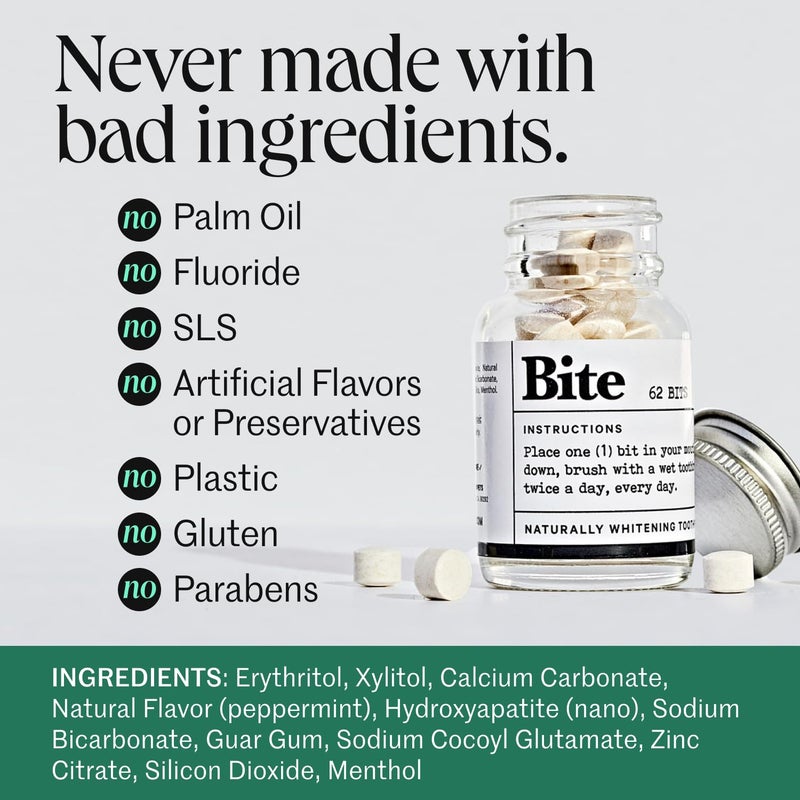 Bite Whitening Toothpaste Tablets â€“ 2 Months â€“ Fluoride Free, Nano Hydroxyapatite + Xylitol, Mint â€“ Vegan, Cruelty-Free, Made in USA, Sensitive Teeth, Travel Size, Adults, Kids, (2 Bottles, 124 Tabs) - Image 2
