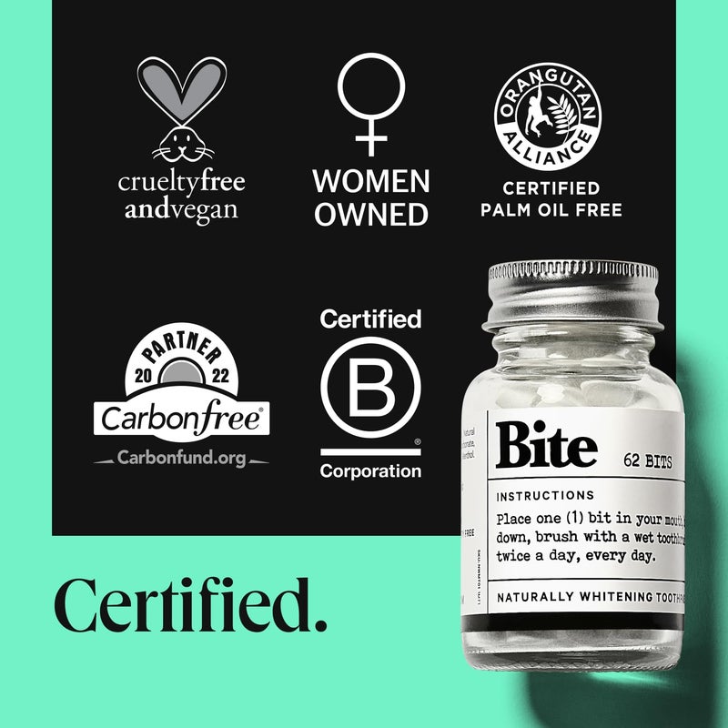 Bite Whitening Toothpaste Tablets â€“ 2 Months â€“ Fluoride Free, Nano Hydroxyapatite + Xylitol, Mint â€“ Vegan, Cruelty-Free, Made in USA, Sensitive Teeth, Travel Size, Adults, Kids, (2 Bottles, 124 Tabs) - Image 5